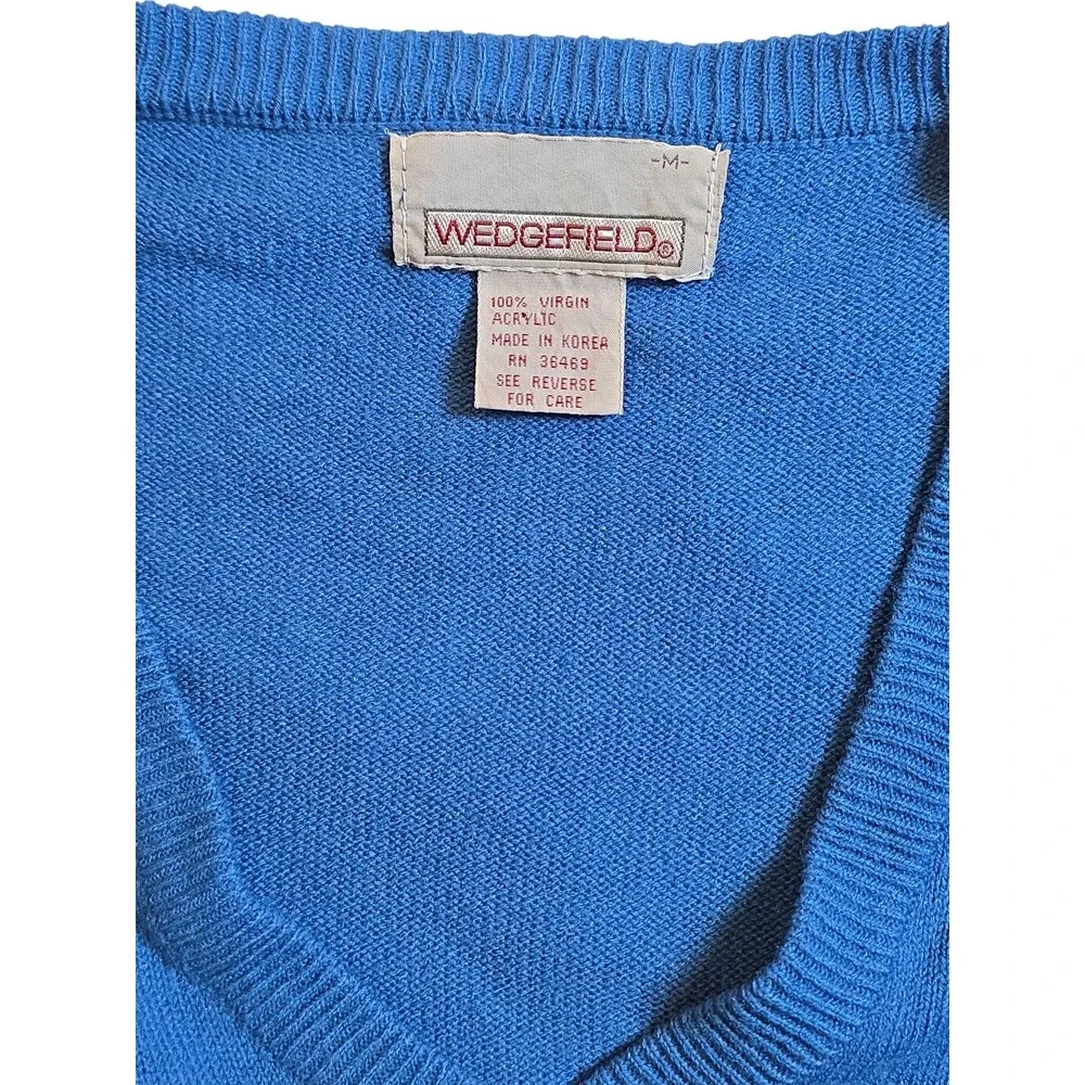 Vintage Wedgefield Blue V Neck Sweater Mens M Made in Korea Acrylic